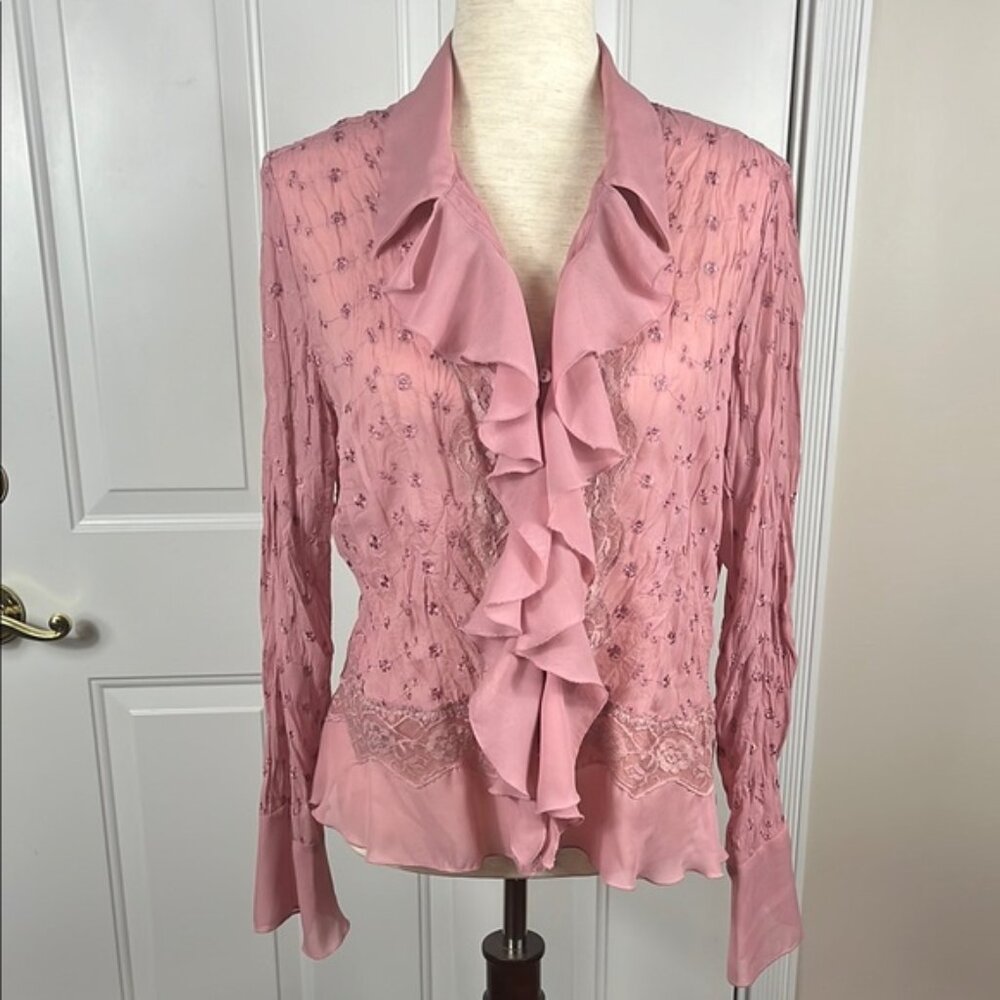 Allison Taylor Mauve Ruffled Crinkle Blouse with Eyelet and Lace Detail - Large